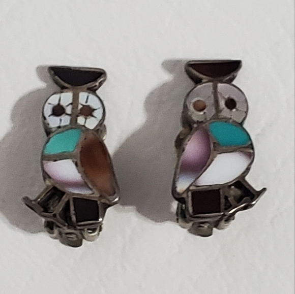 Jewelry - Owl Clip On Earrings Silver Mother of Pearl Inlay